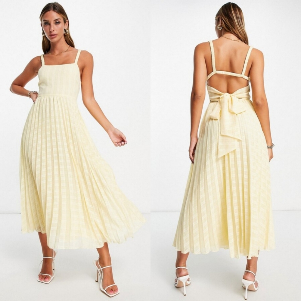 ASOS Design Plaid Tie Back Pleated Midi Dress